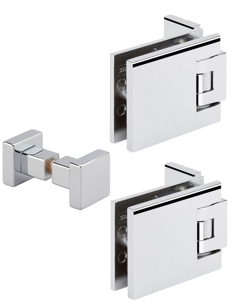 Kit 2 charnières simple Carréa réglage verre 8/10mm + bouton  - Chromé brillant