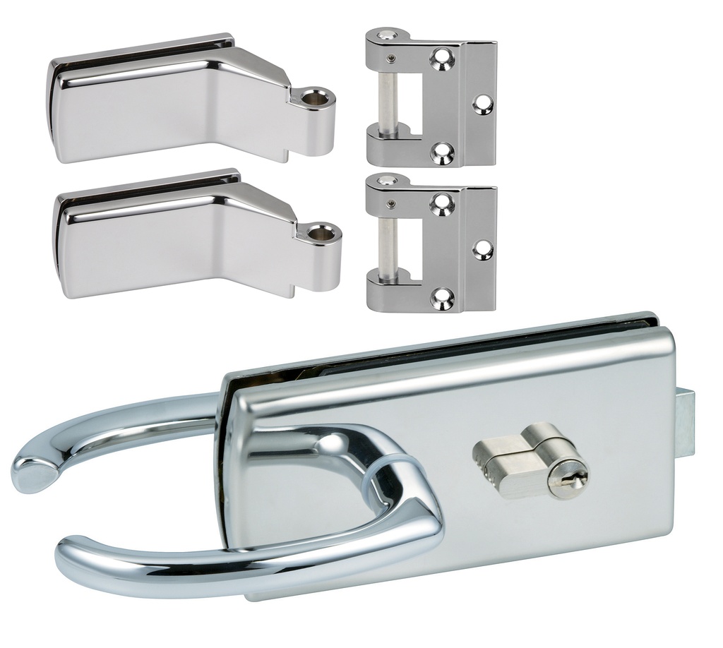 1 Kit Lagune une porte/une boîte  : 1 serrure 4300, 2 paumelles 4200 et 2 fiches 3206 - Chromé brillant