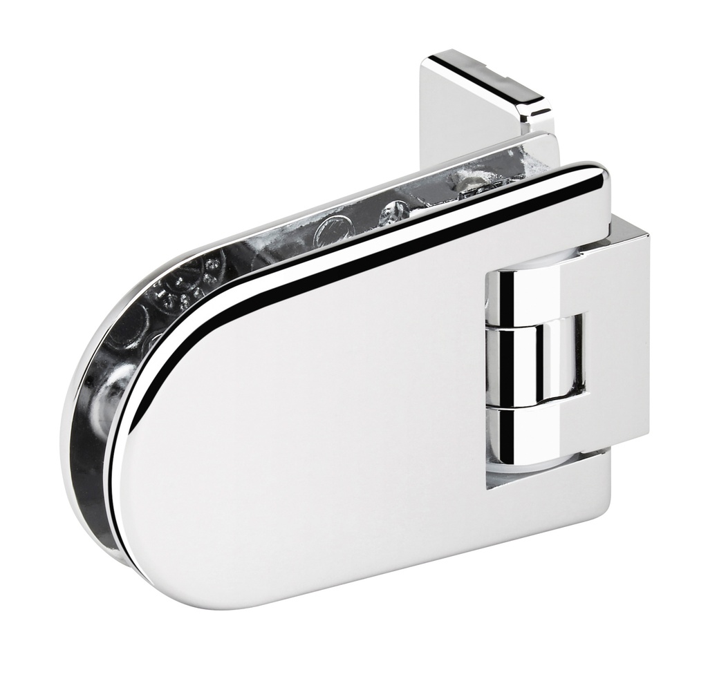 1 charnière simple Maréva réglable pour verre ép: 6 et 8mm platine de fixation à 2 trous - Chromé brillant
