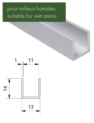 PROFIL U INOX, 14MM X 13MM LONG 2500MM INOX BROSSE   