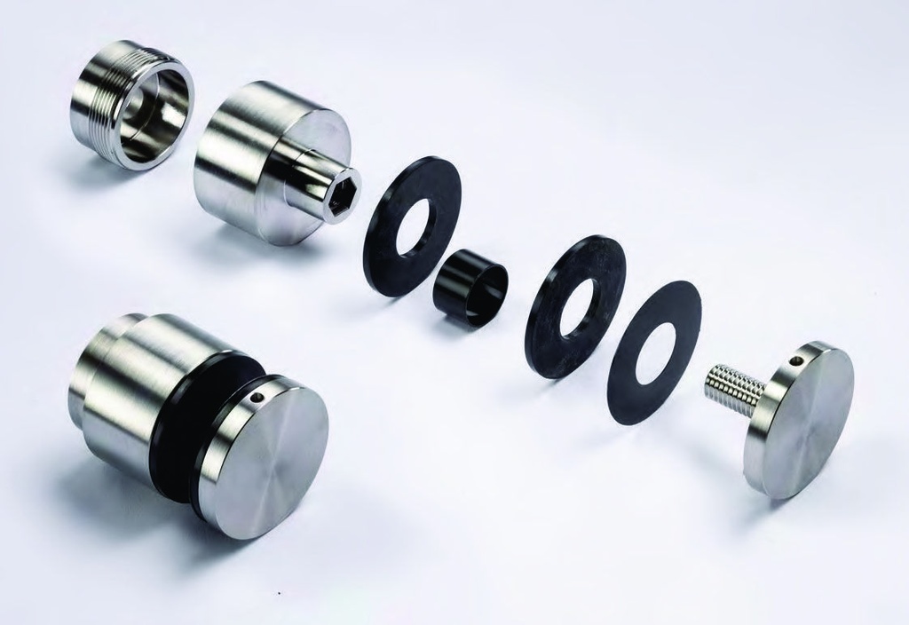 Fixation ponctuelle avec entretoise réglable et œillet borgne en AISI 304, pour verres 17.5/25.5, B50 L30/40 inox brossé