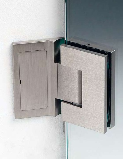 [DQ497/24] Charnière mur/verre à 135° réglable sans vis apparentes, pour verres 8/12, B55 H90  Effet inox brossé