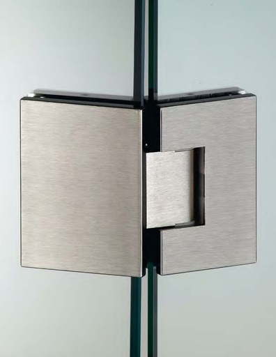 [DQ3135/24] Charnière verre/verre à 135° réglable sans vis apparentes, pour verres 6/8, B50 H80  Effet inox brossé