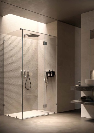 [BDSQ81007/4] Kit douche porte battante mur/verre avec verre fixe, pinces et charnières DQ480, pour verres 8/10  Bronze