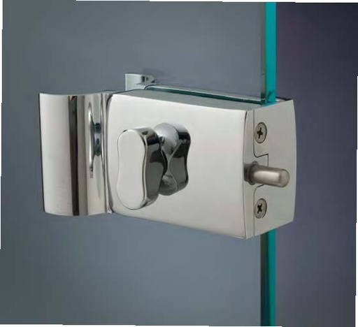 [CPM247/24] Serrure avec bouton et poignées sans perçages, pour verres 8/10, B92 H50  Effet inox brossé