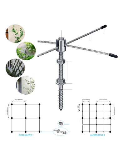 KIT Tendeur câble tendu diamètre 3 mm pour accrocher de la végétation en longueur de 6ML - 316 6 ML de câbles D3 mm 10 serres câbles D3 mm 6 tendeurs D3 mm 6 VIS M8 12 écrous M8 6 rondelles M8 6 chevilles pour vis M8