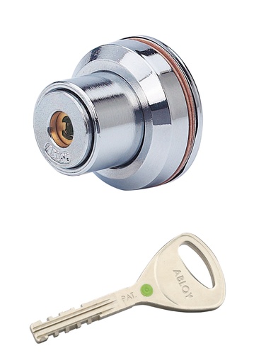 [1464.30.0S] Serrure de vitrine à poussoir à barillet de sécurité pour portes coulissantes en verre s'entrouvrant - Chromé brillant