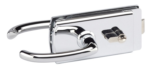 [4360.30.4] Serrure de milieu Lagune à barillet et béquilles avec déport, pêne axé pour verre ép:10mm - Chromé brillant