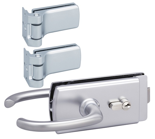 [4360.31.0K] 1 Kit Lagune une porte/une boîte  : 1 serrure 4360, 2 paumelles/fiches 4203 pour verre ép:8mm - Chromé mat