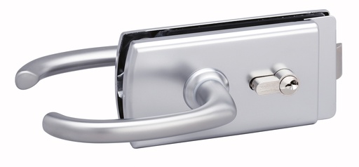 [4360.31.4] Serrure de milieu Lagune à barillet et béquilles avec déport, pêne axé pour verre ép:10mm - Chromé mat