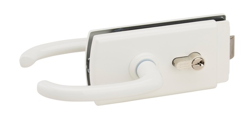 [4360.51.0] Serrure de milieu Lagune à barillet et béquilles avec déport, pêne axé pour verre ép:8mm - Laqué blanc RAL 9010