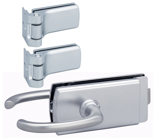 [4361.31.0K] 1 Kit Lagune une porte/une boîte  : 1 serrure 4361, 2 paumelles/fiches 4203  pour verre ép:8mm - Chromé mat