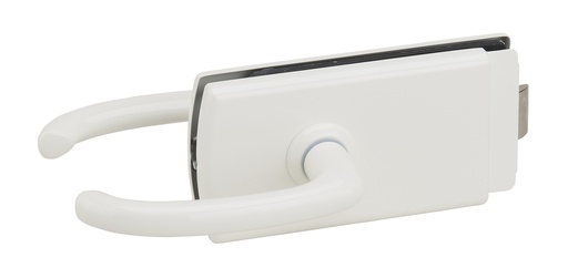 [4361.51.0] Serrure de milieu Lagune bec de cane et béquilles avec déport, pêne axé pour verre ép:8mm - Laqué blanc RAL 9010