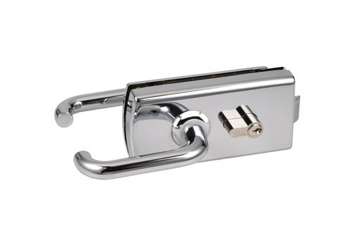 [4380.30.0] Serrure de milieu Lagune à barillet et béquilles avec déport, pêne désaxé pour verre de 8mm - Chromé brillant