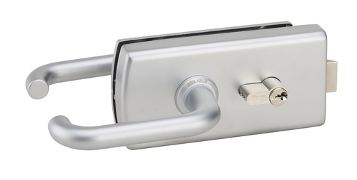 [4380.31.0] Serrure de milieu Lagune à barillet et béquilles avec déport, pêne désaxé pour verre de 8mm - Chromé mat