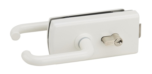 [4380.51.0] Serrure de milieu Lagune à barillet et béquilles avec déport, pêne désaxé pour verre de 8mm - Laqué blanc RAL 9010