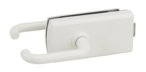 [4381.51.0] Serrure de milieu Lagune bec de cane et béquilles avec déport, pêne désaxé  pour verre de 8mm - Laqué blanc RAL 9010