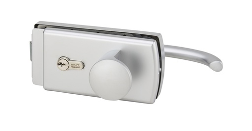 [4387.31.0AD] Serrure Lagune à cylindre avec 1 béquille et 1 bouton fixe, avec déport, pêne désaxé pour verre de 8mm - Chromé mat